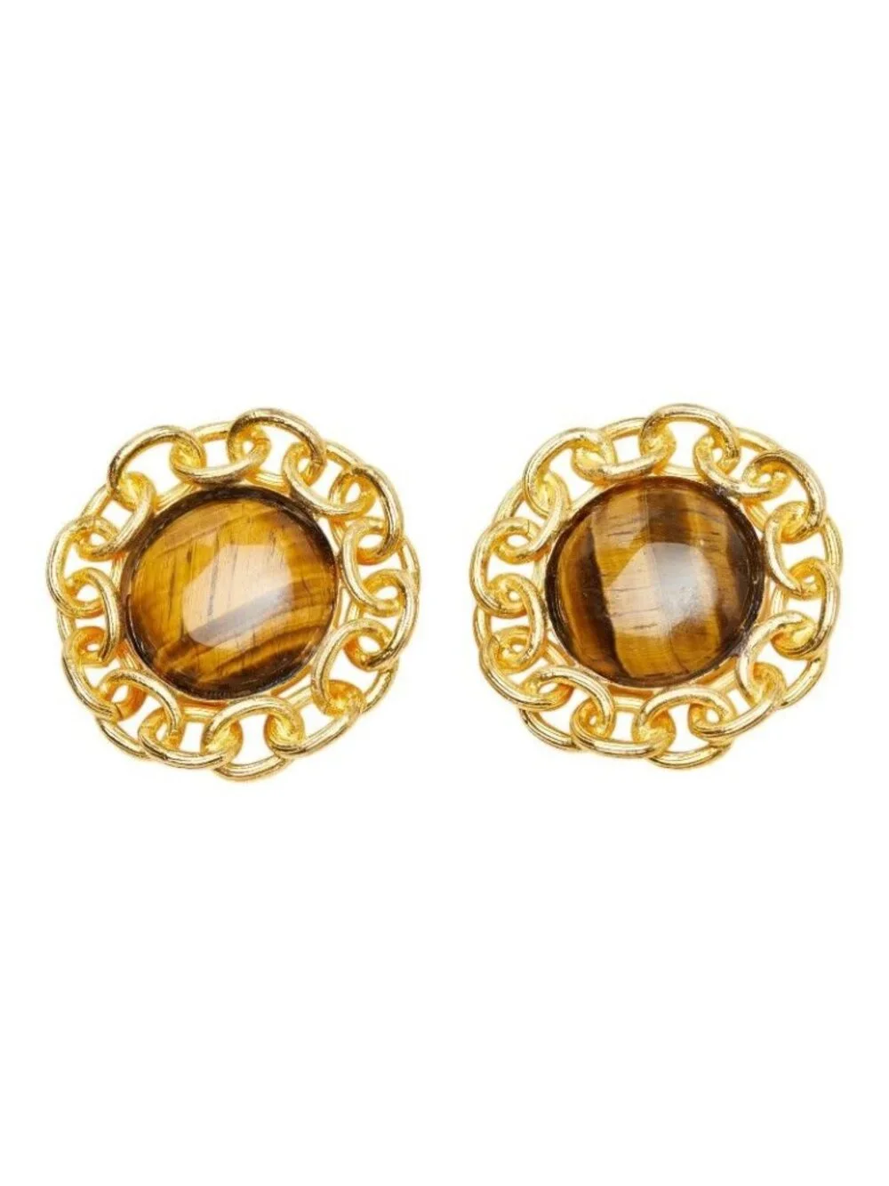 Chanel Circle Earrings Gold Brown Plated Tiger